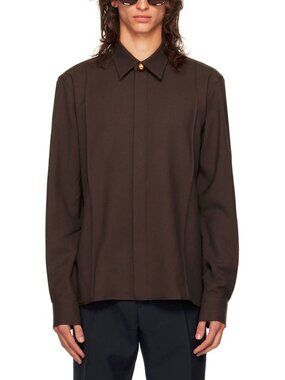 AMI AW24 Runway Dark Coffee Wool Gabardine Pintuck Shirt